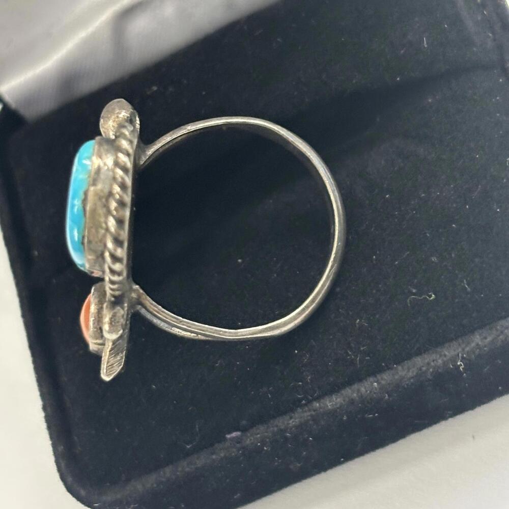 Vtg 60s/70s Navajo Sterling turquoise & coral ring sz 8 - Picture 5 of 6